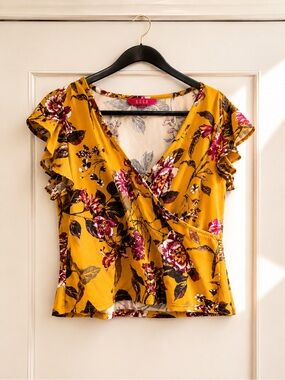 PLUS SIZE SET Mustard Floral Surplice Ruffle Sleeve Top With Matching Pants 2x